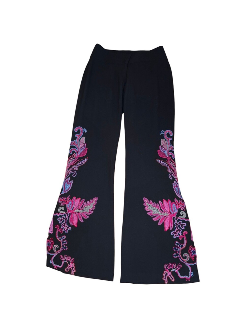 Vtg Cache Womens Size 0 Black Floral Embroidered Flare Pants Mid Rise Wide Leg